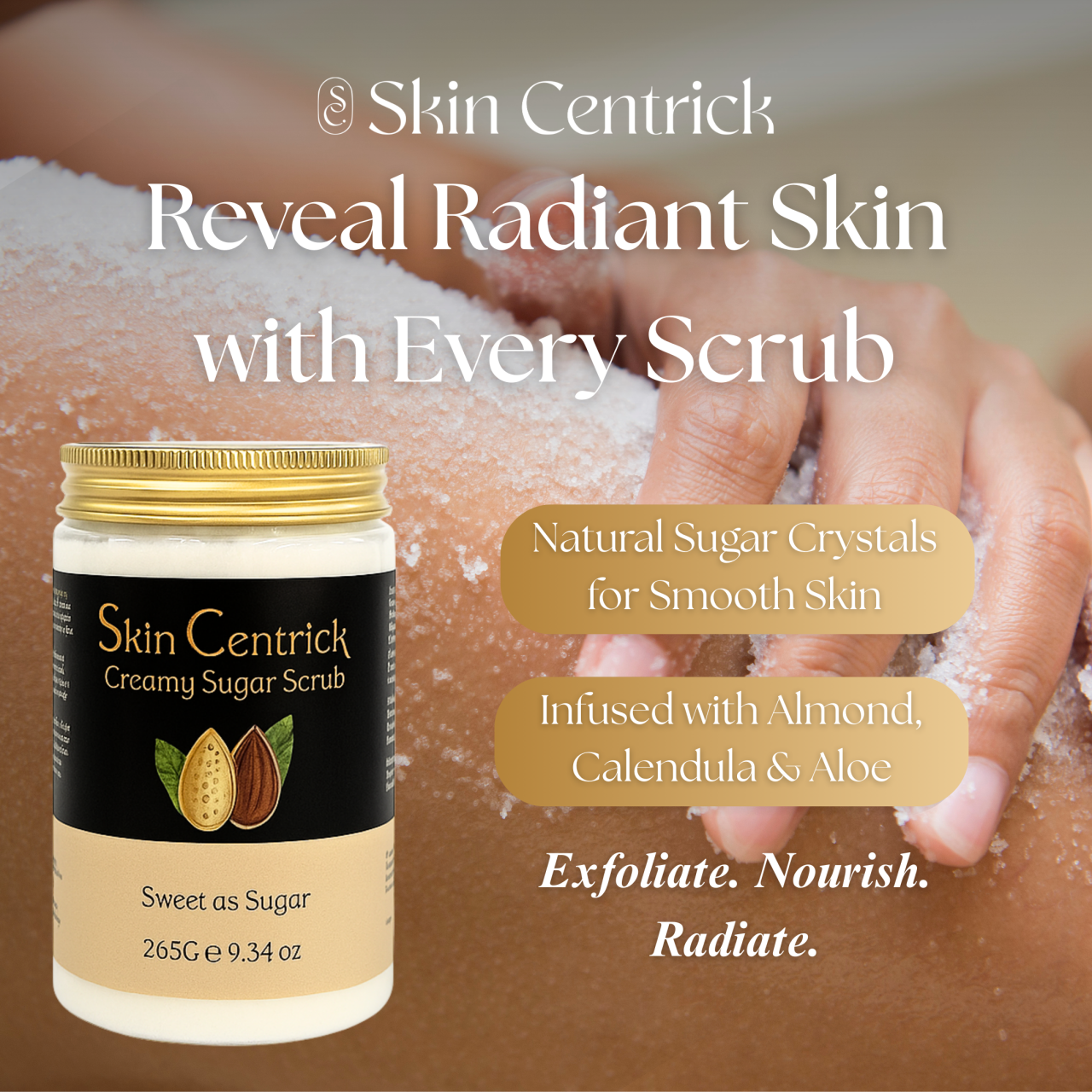 Extraordinary creamy Sugar Scrub, Exfoliating Body Scrub withAlmond Oil , Papaya extract, Moisturizing Body Exfoliator for Glowing Radiant Hydrating Skin, Zero Greasy, No Parabens