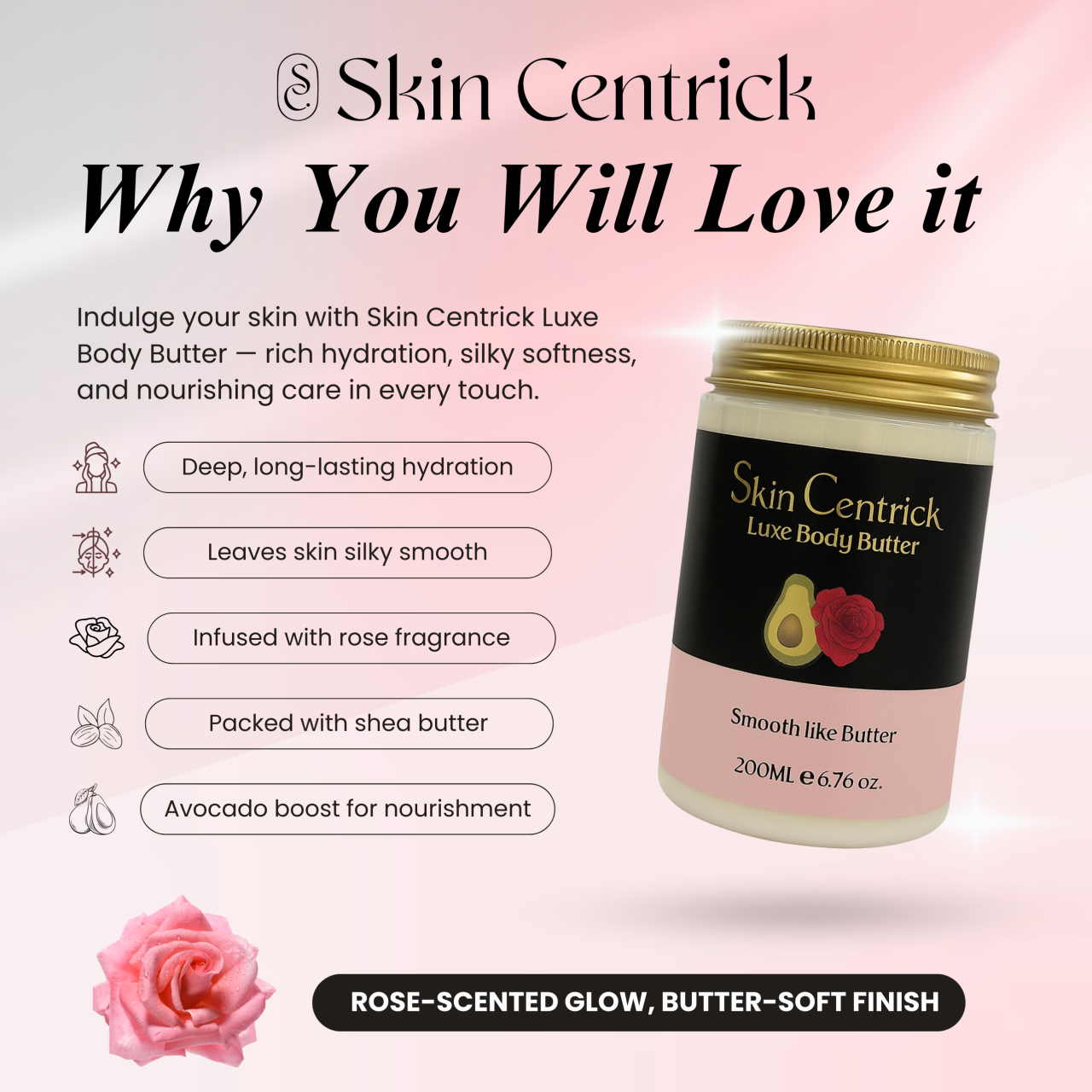 Whipped Shea Body Butter with Rose, Lightweight, Long-lasting, Hydrating Moisturizer with Natural Shea Butter for Nourishing Essential Body