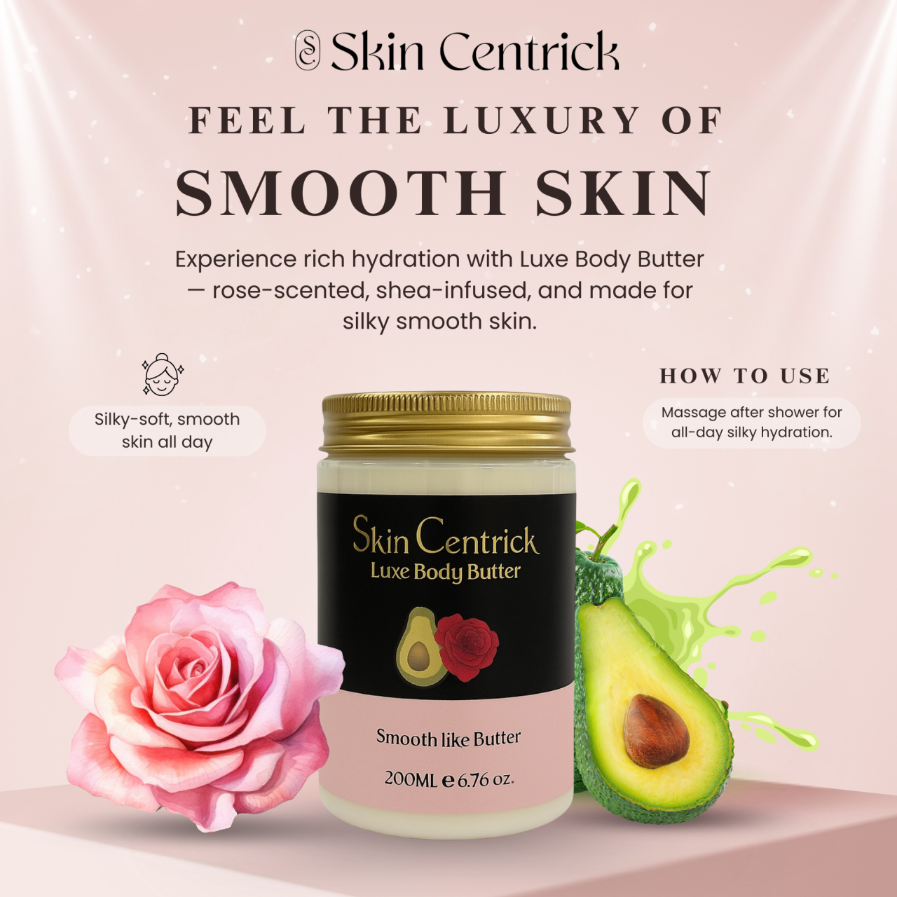 Whipped Shea Body Butter with Rose, Lightweight, Long-lasting, Hydrating Moisturizer with Natural Shea Butter for Nourishing Essential Body